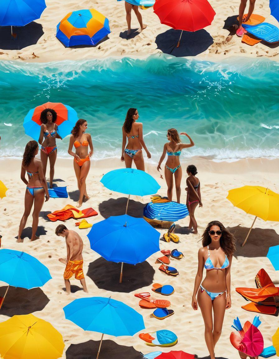 A stunning beach scene featuring diverse models showcasing stylish swimwear, surrounded by vibrant beach umbrellas, surfboards, and a clear blue ocean. Incorporate elements like colorful cocktails and beach games for a lively atmosphere. Capture the essence of summer adventures with bright sunlight and playful waves. super-realistic. vibrant colors. summer aesthetic.